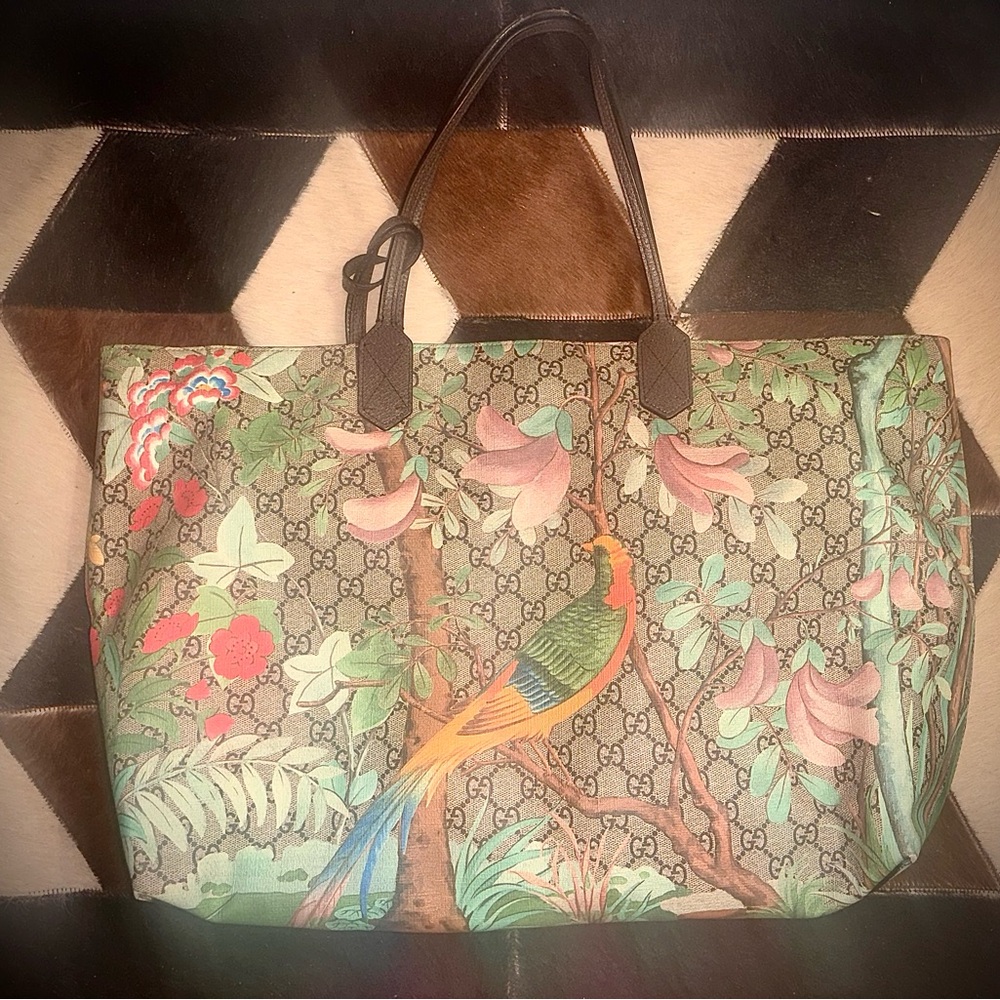 Gucci Tian Floral GG Supreme Large Tote | Bird Print | Dust Bag Included